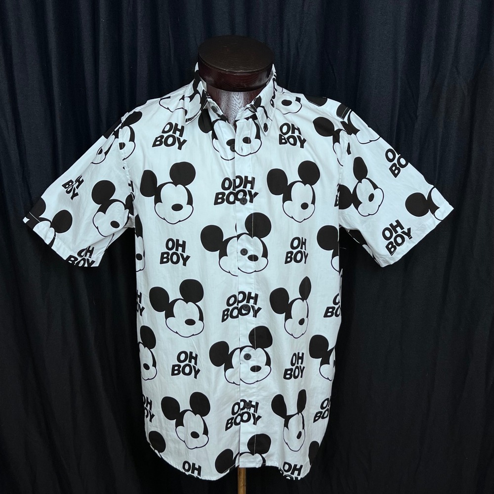 Disney x Neff Mickey Mouse Oh Boy Button Up Camp Shirt Med Cartoon‎ White Black